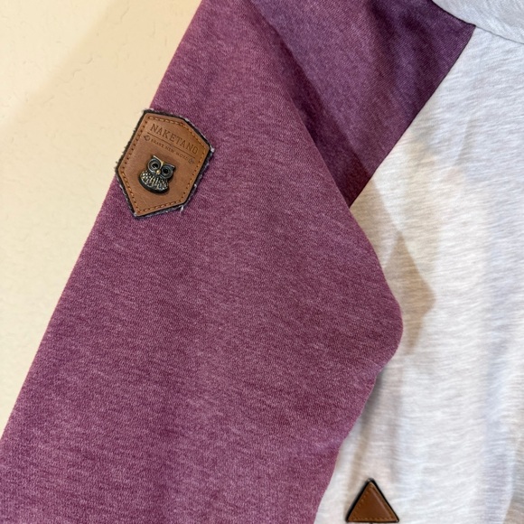 Naketano "Brave New World" Pullover Hoodie Heather Gray & Purple/Maroon Sleeves - Picture 2 of 14